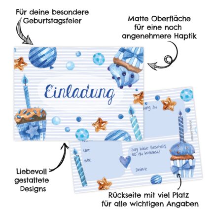 Einladungskarten Geburtstag: Törtchen blau für Kinderfeste