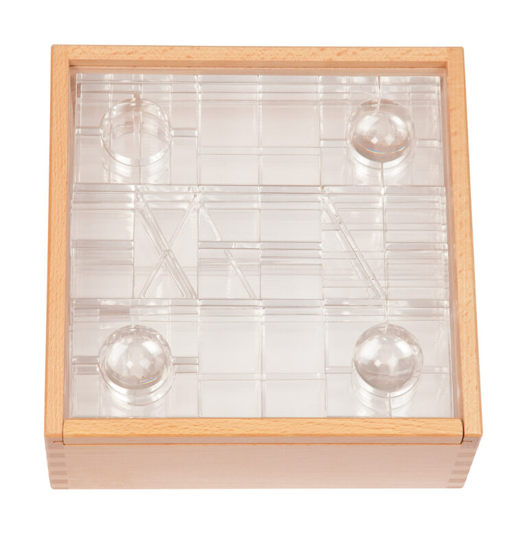 Luxy glasklare Bausteine im Holzkasten für kreatives Bauen und Farbwahrnehmung